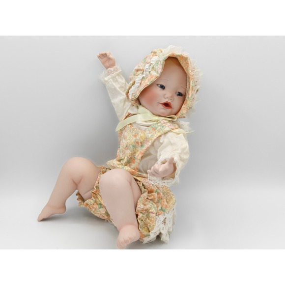 Other - Vintage Porcelain Baby Doll Floral Lace Romper Bonnet Blue Eyes Cottagecore